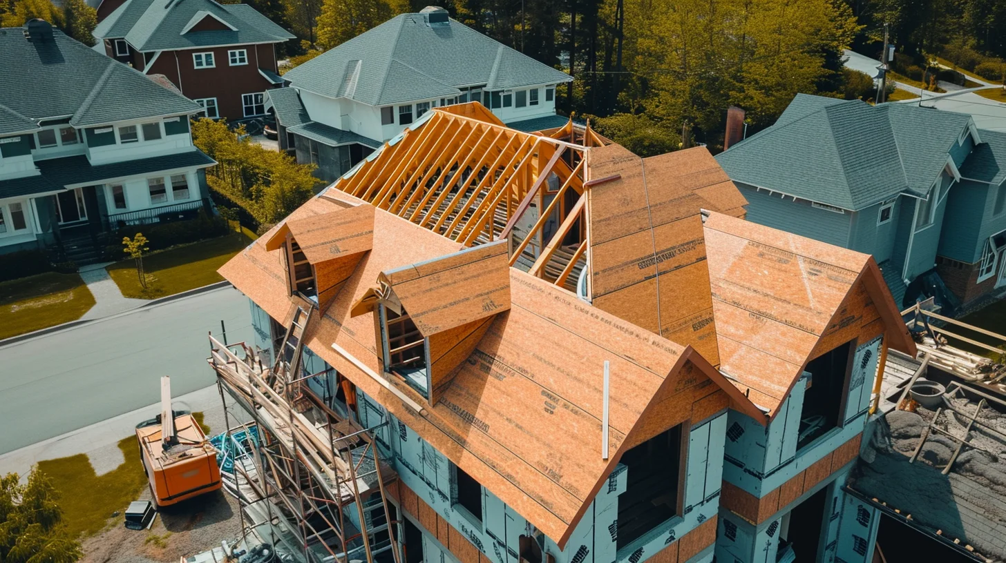 Aerial view of a house under construction, focusing on the roof framework