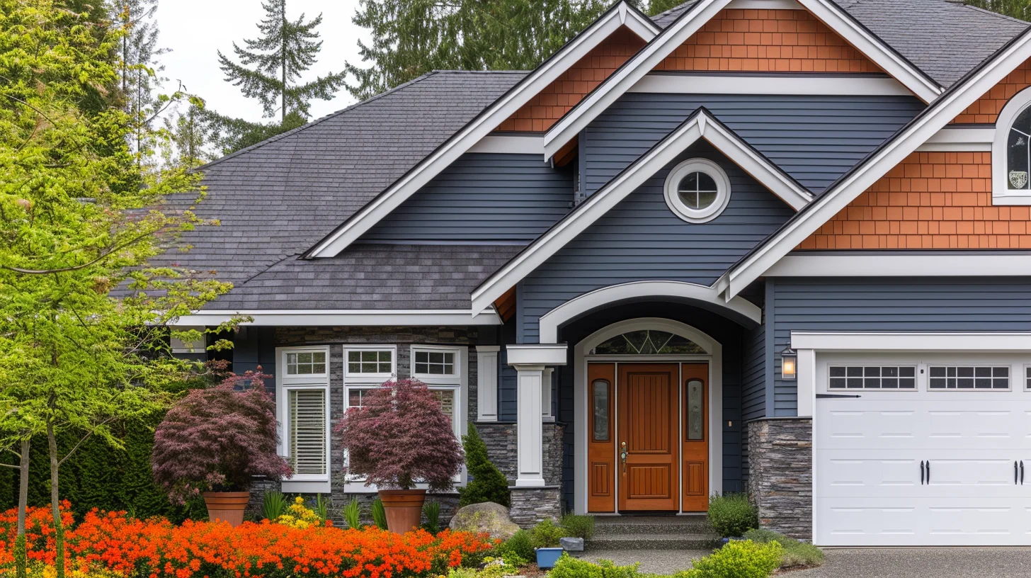 A modern house with a blue and orange exterior, featuring a welcoming front porch, large windows, and vibrant flower beds