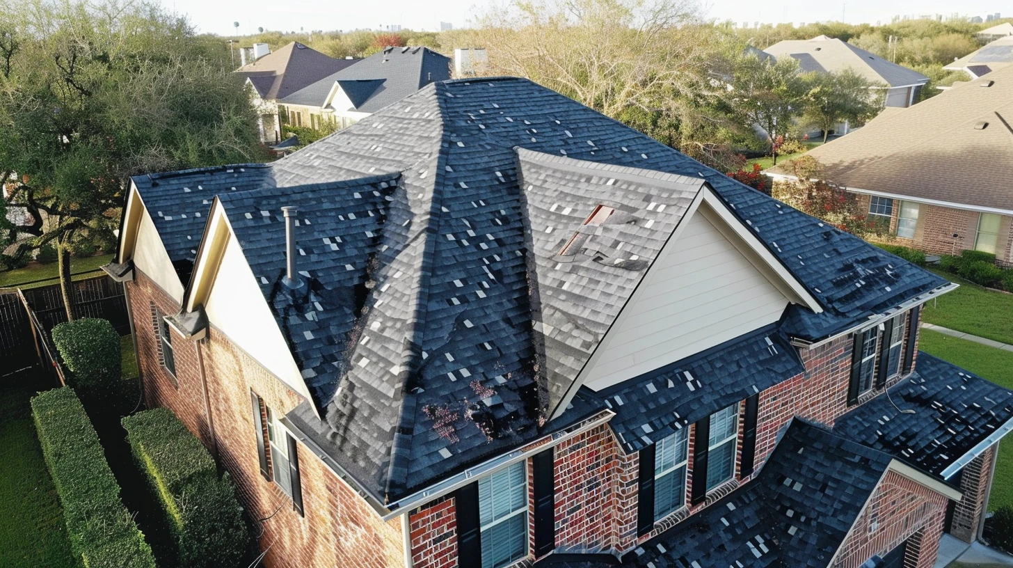 Aerial view of a house roof with damaged black shingles and brick walls, surrounded by greenery and other homes