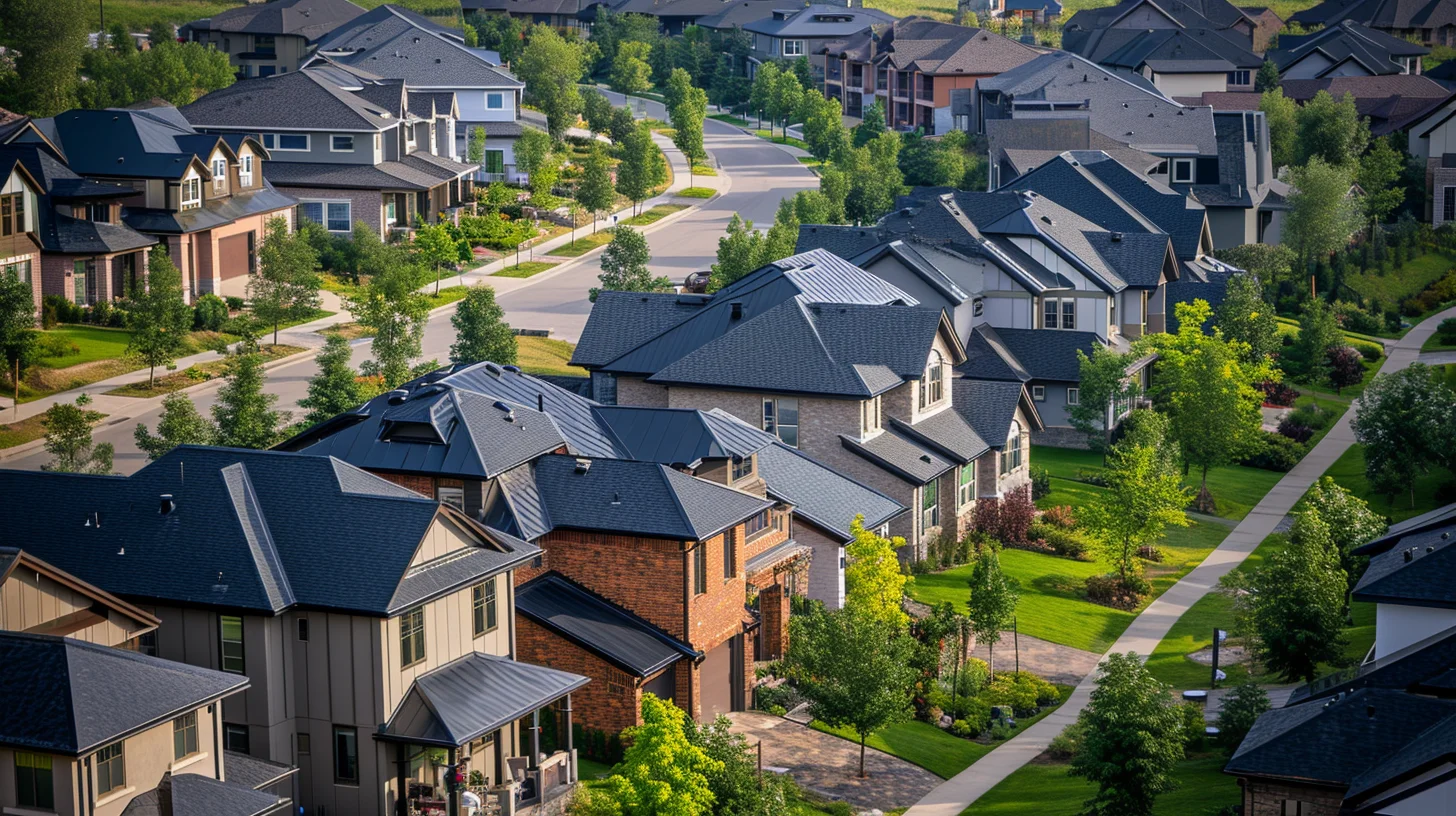 Aerial view of a suburban neighborhood featuring various houses with dark roofs, well-maintained lawns, and tree-lined streets