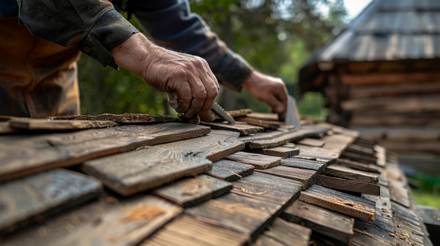 A close-up of hands working on a wooden roof, arranging wooden shingles on a rustic structure