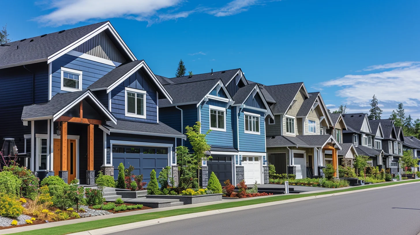 A row of modern houses with various architectural styles, colorful exteriors, and well-maintained gardens, set against a bright blue sky