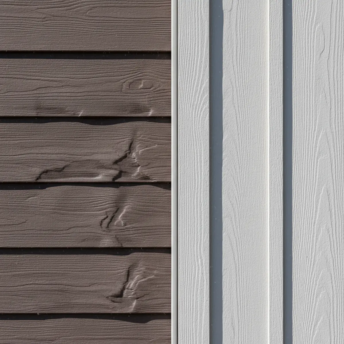 Comparison of heat-damaged warped vinyl siding next to stable fiber cement siding