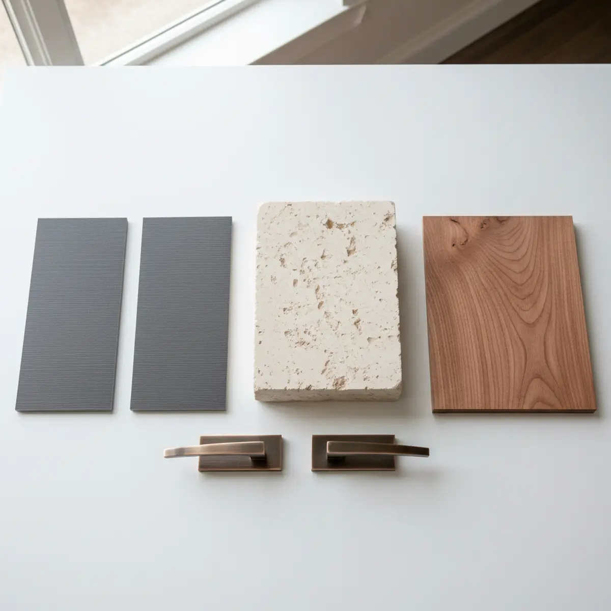 Design palette board featuring dark siding, limestone, cedar, and bronze hardware samples