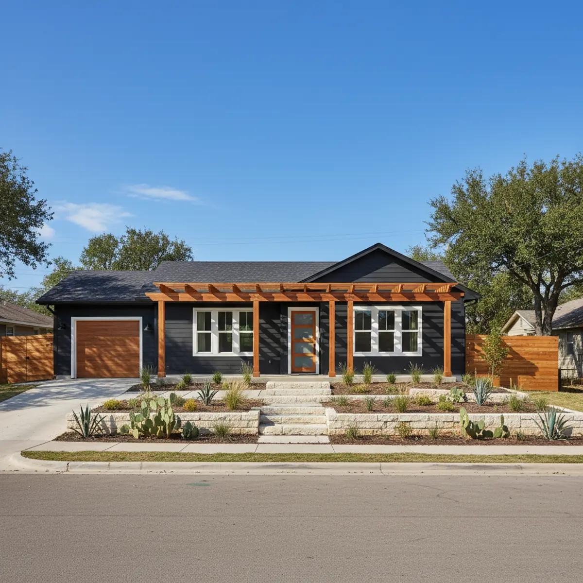 Renovated ranch home in Austin with dark siding and limestone accents under bright sun