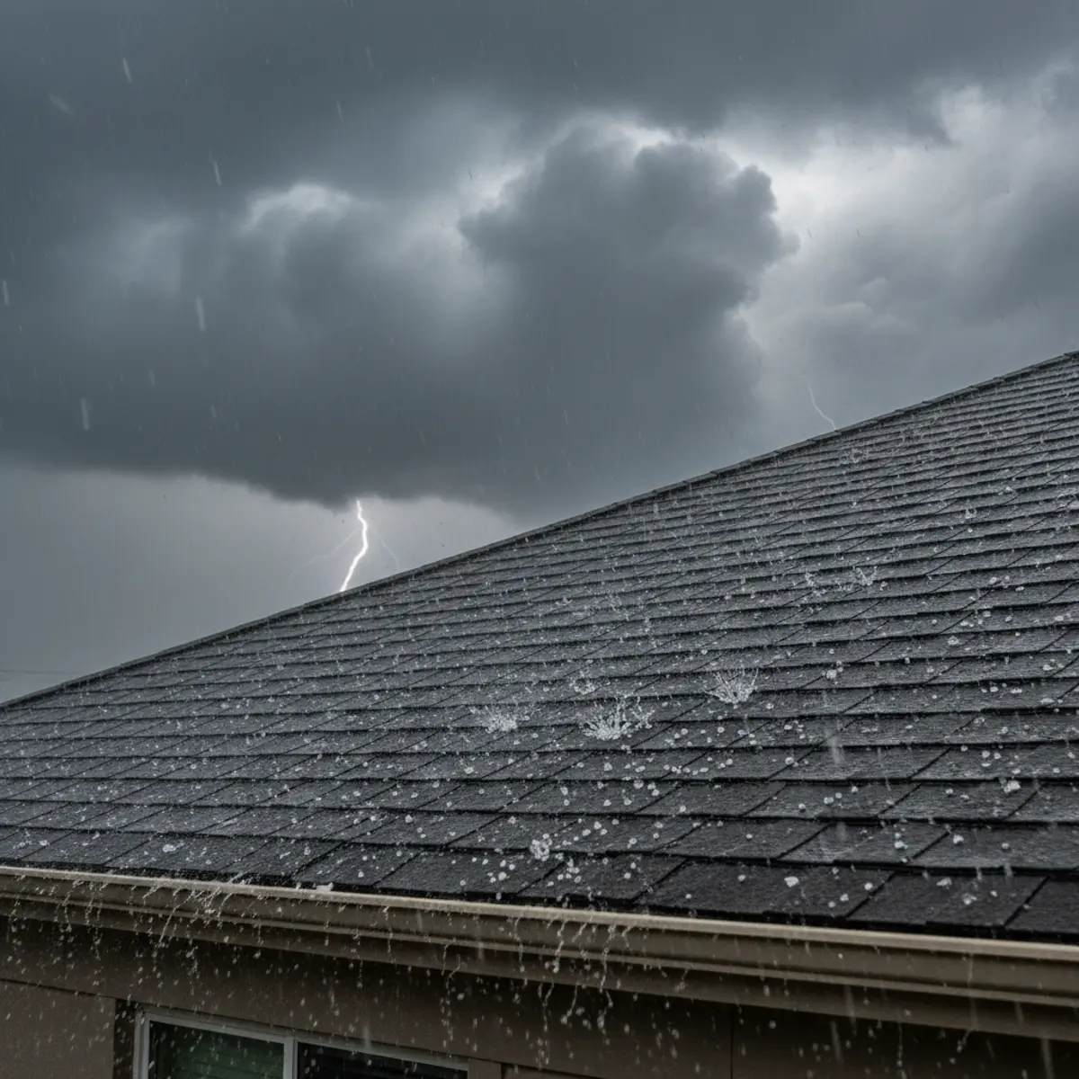 Hailstones hitting an asphalt shingle roof during a storm in a suburban neighborhood