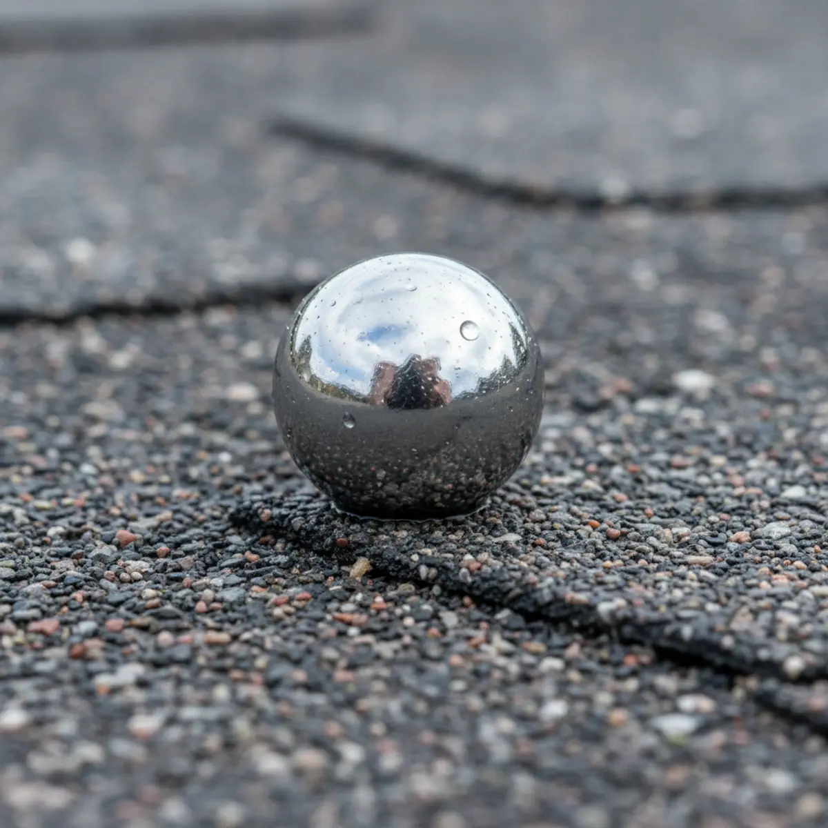 Steel ball bearing sitting on a roofing shingle representing the UL 2218 impact test