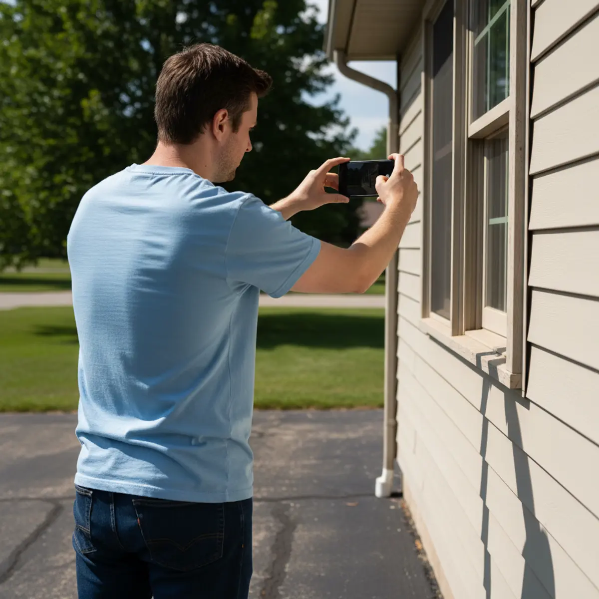 Homeowner taking photos of window and siding damage with a smartphone for insurance documentation