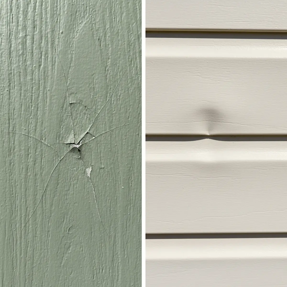 Side-by-side comparison of hairline cracks in fiber cement versus dents in vinyl siding