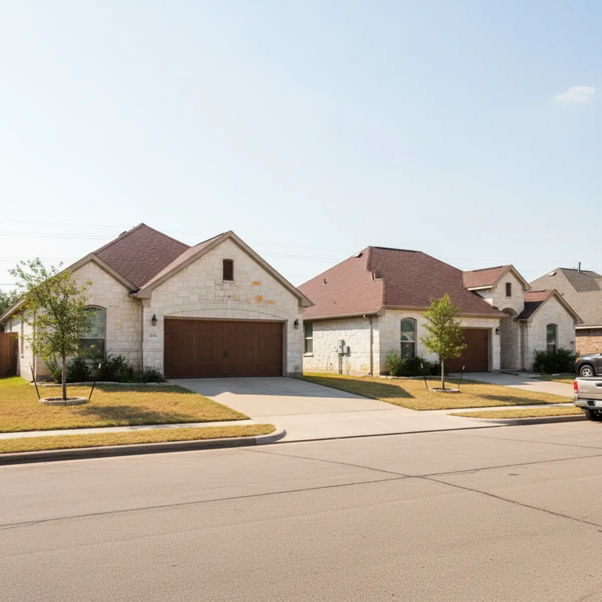 Street view of two Round Rock suburban homes under bright Texas sun