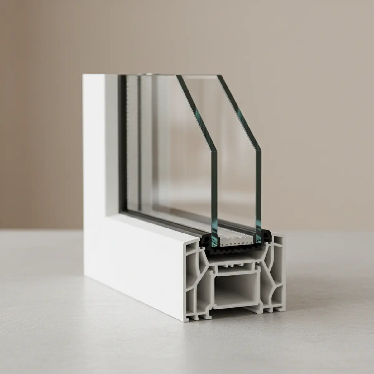 Cross-section photograph of an insulated glass unit showing laminated layers and spacers