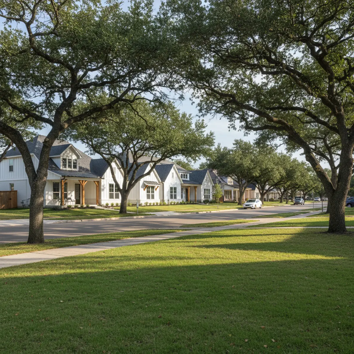 Row of white modern farmhouse style homes on a street in Austin