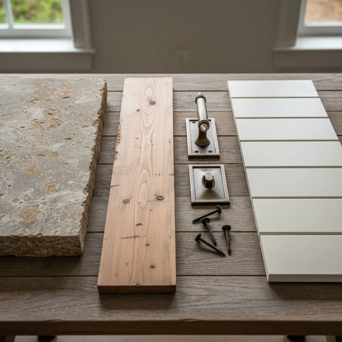 Flat lay of construction material samples including stone, wood, and siding