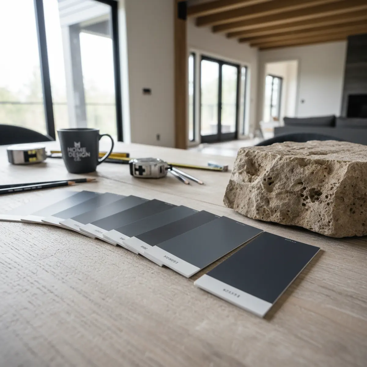 Flat lay of design materials including dark paint samples and a limestone rock for color matching