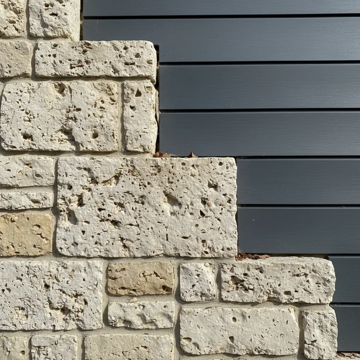 Close-up detail showing the clean transition between rough limestone stone and modern vertical siding