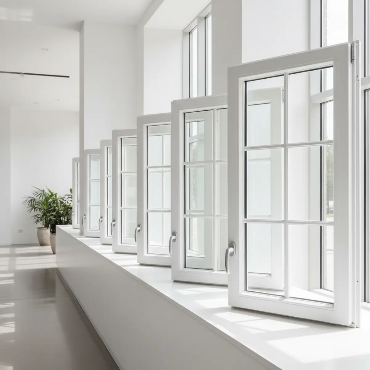 Various styles of high-performance window frames displayed for comparison