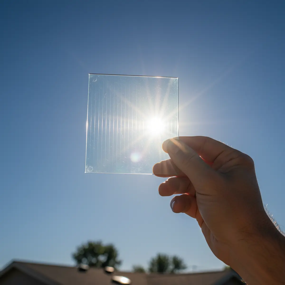A person holding a glass sample against the bright sun to test solar heat gain
