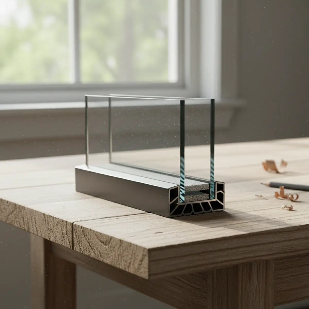 Close-up view of a window frame corner showing the insulated glass unit and spacer