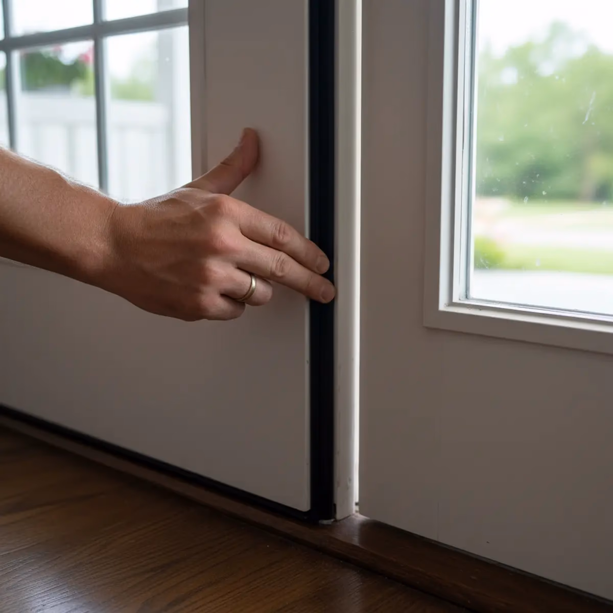 A homeowner inspecting the weatherstripping seal on their front door to check for air leaks and warping
