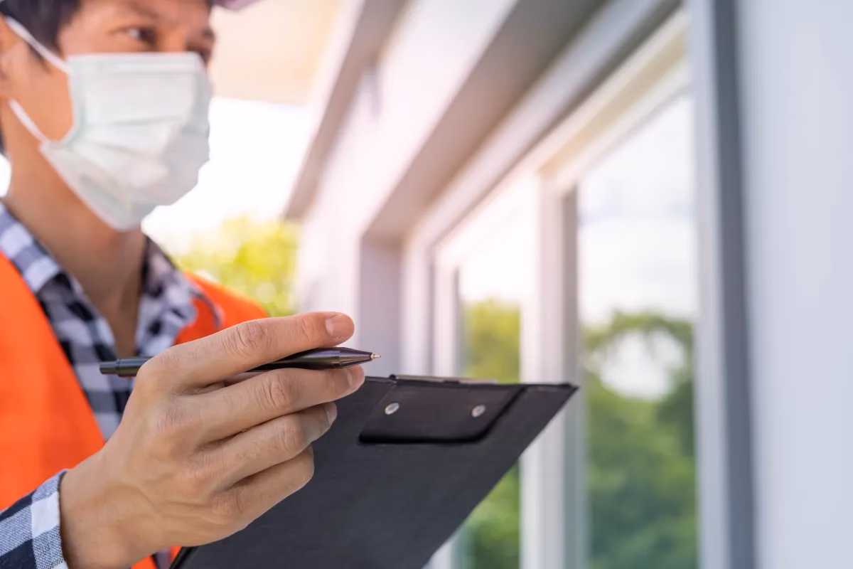 Real estate inspector checking window quality on a residential home exterior