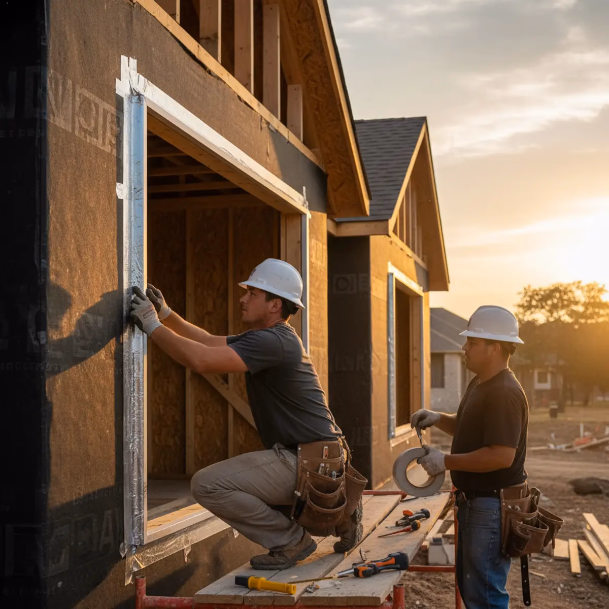 Detail of window flashing and housewrap on a home exterior renovation