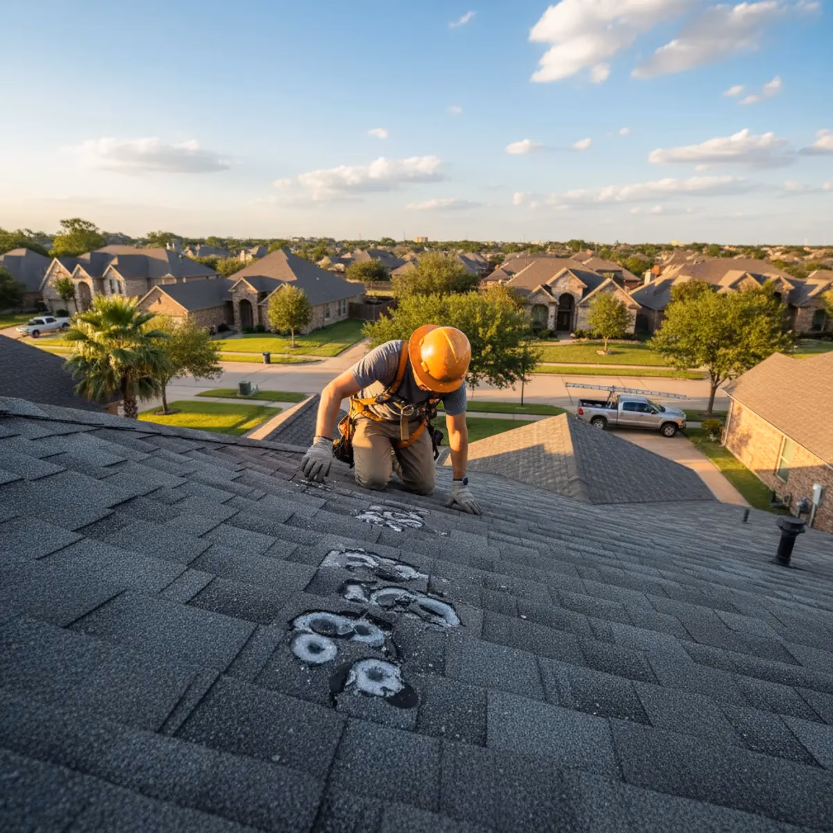 Close up view of a roof inspector examining asphalt shingles for hail damage on a residential roof