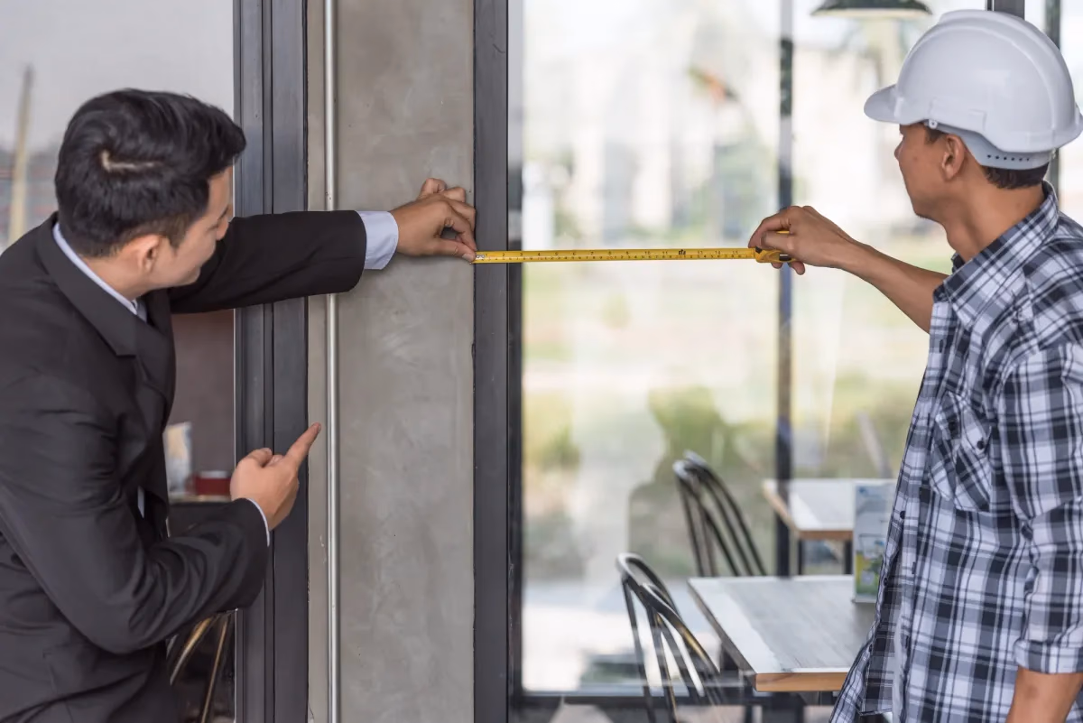 Professional window installer measuring a window frame for replacement