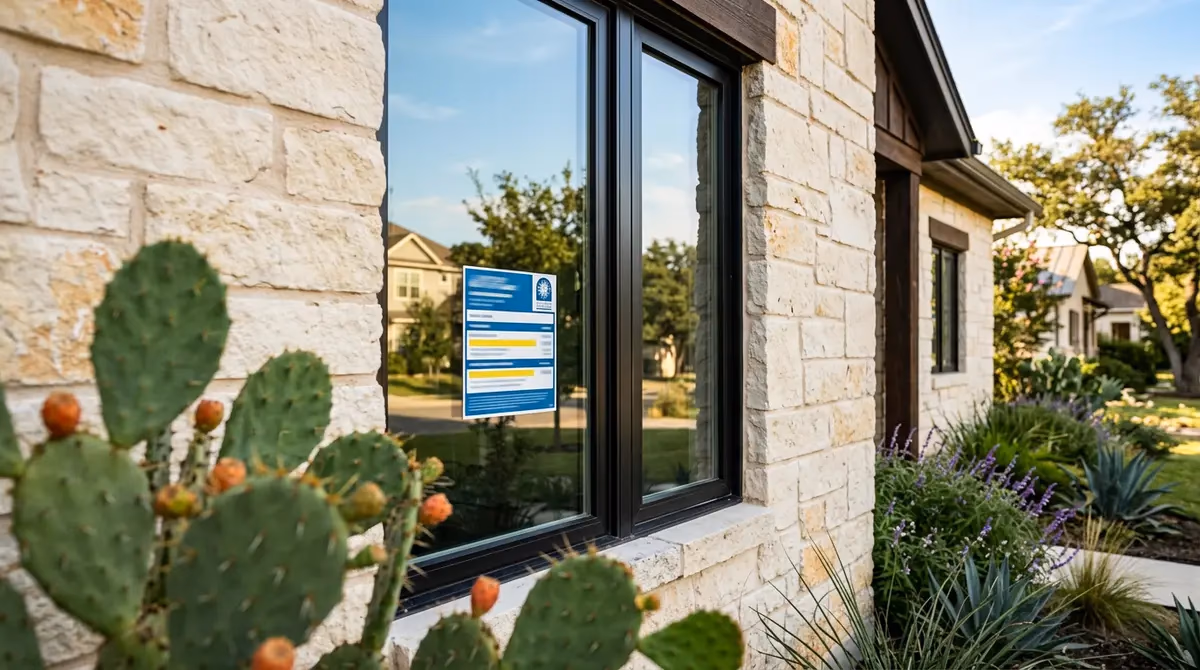 Close up detail of an energy efficiency sticker on a newly installed residential window
