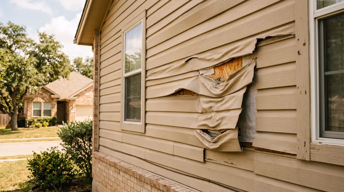 Close up detail of warped and damaged vinyl siding on a residential home exterior