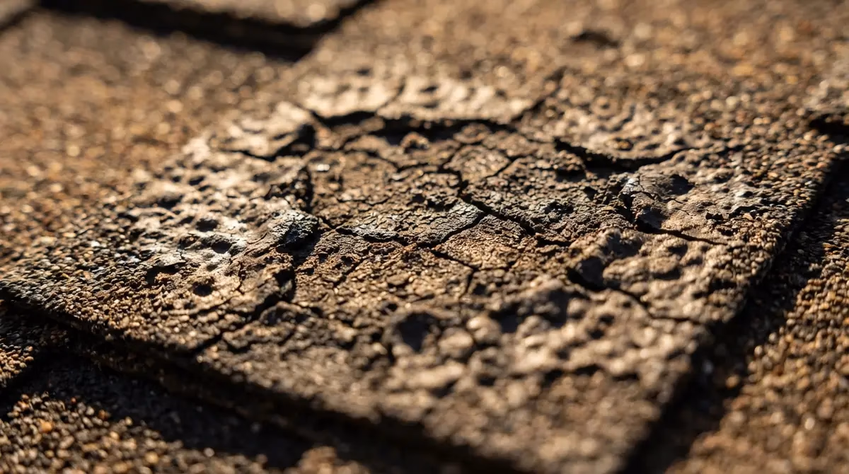 Close-up of a sun-damaged asphalt roof shingle with heat blisters and cracks