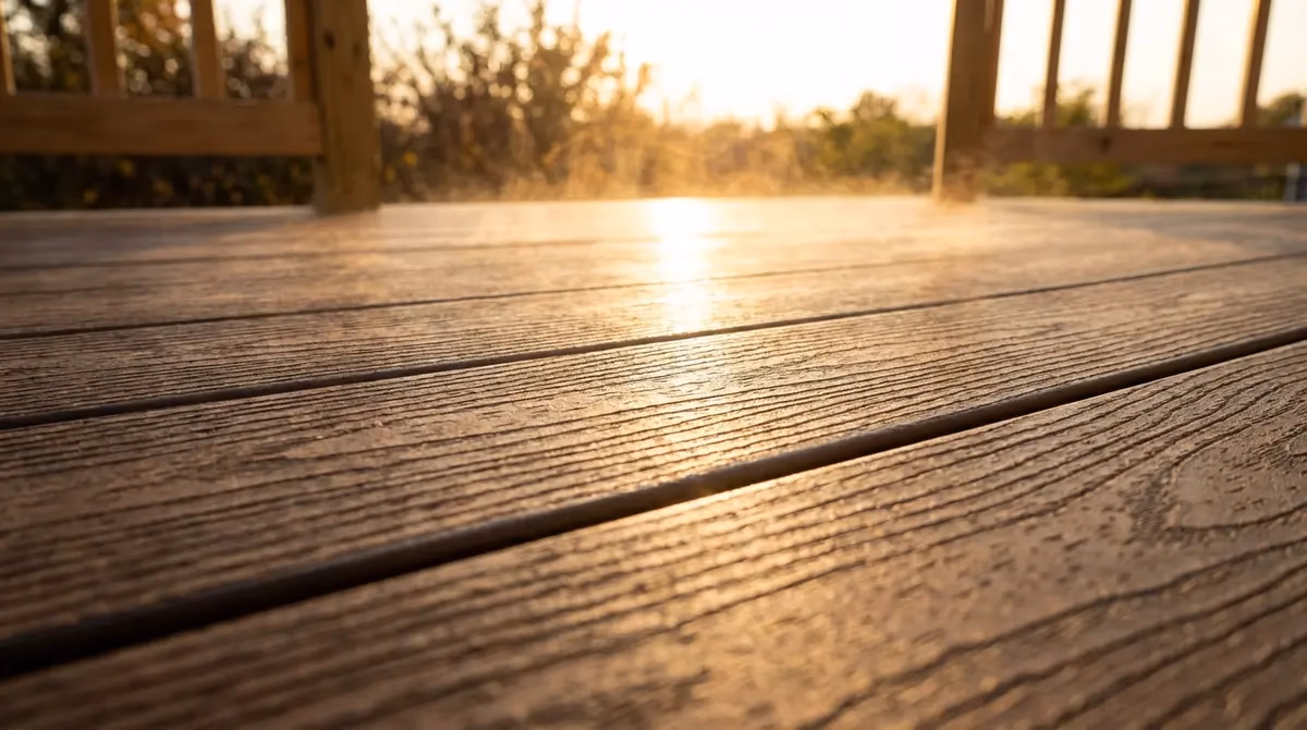 Close up of textured composite decking boards absorbing direct summer sunlight in a backyard