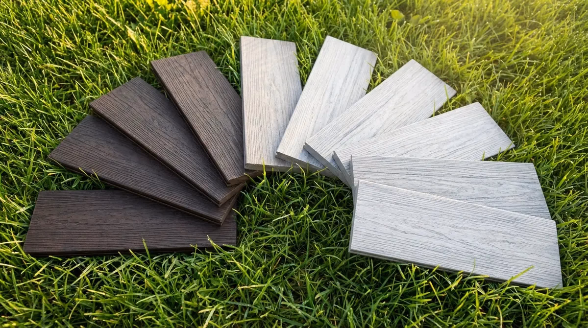 Comparison of dark and light colored composite decking sample boards laid out outdoors