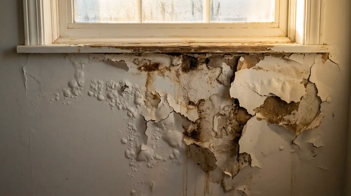 Water damaged interior wall and bubbling drywall paint under a residential window sill caused by poor installation