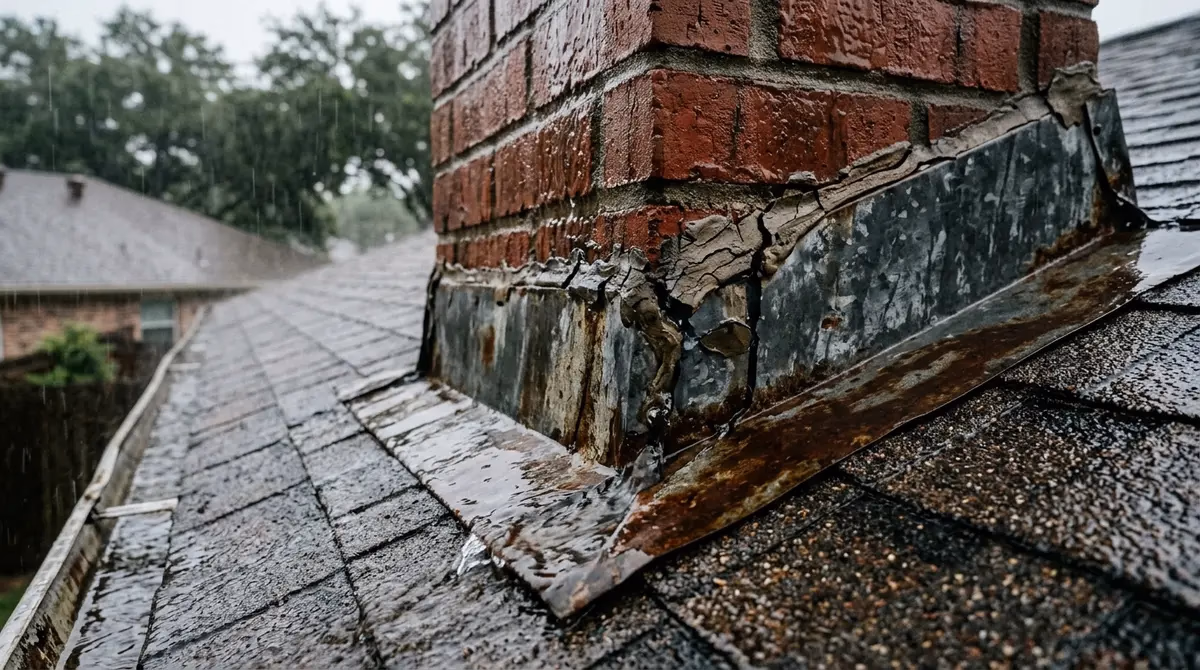 Rainwater seeping into damaged chimney flashing and cracked sealant during a heavy storm