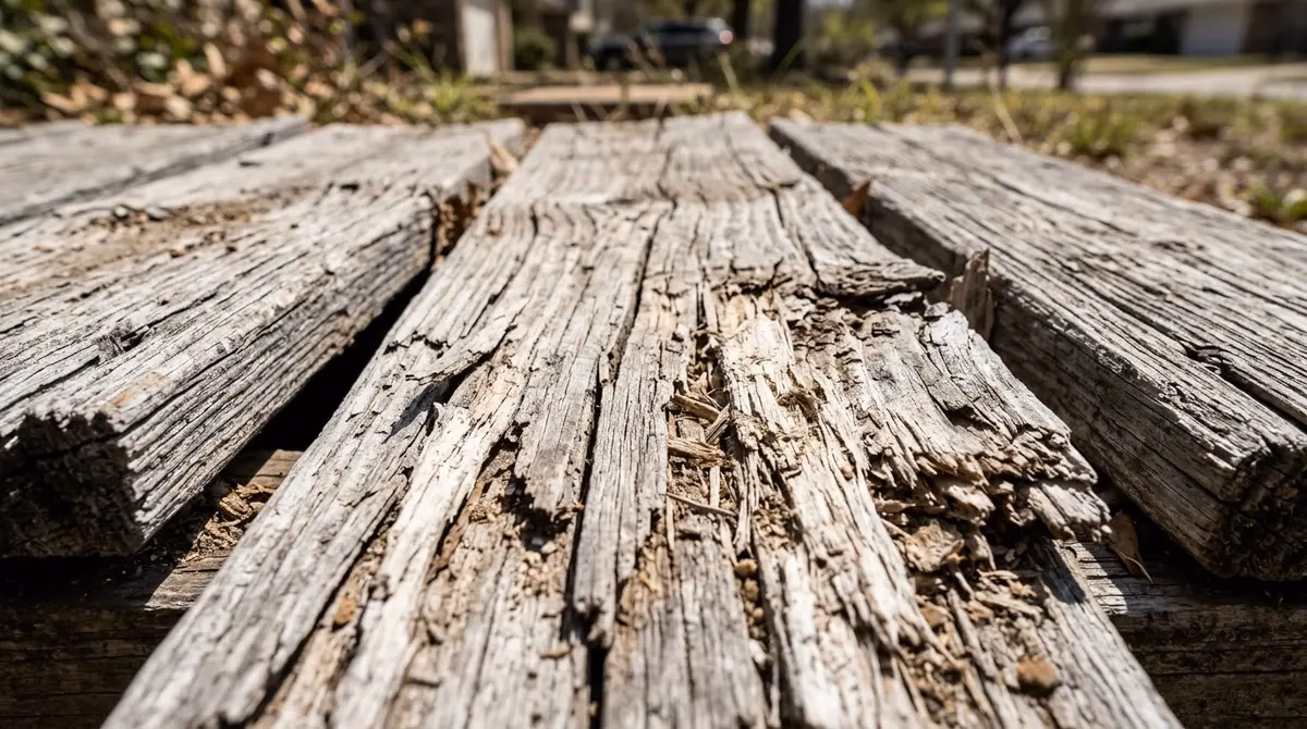 Close up detail of warped, cracking, and sun-damaged wood deck boards showing the effects of severe weather.