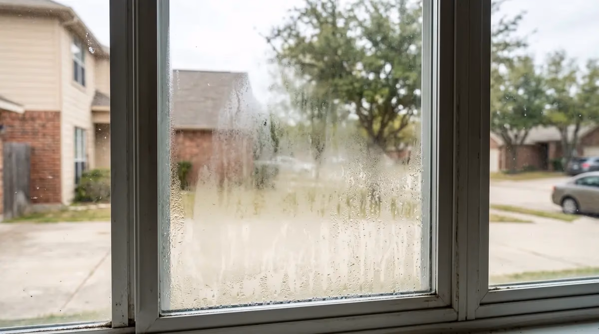 Close-up of a failed double-pane window seal showing fog and condensation trapped between the glass layers