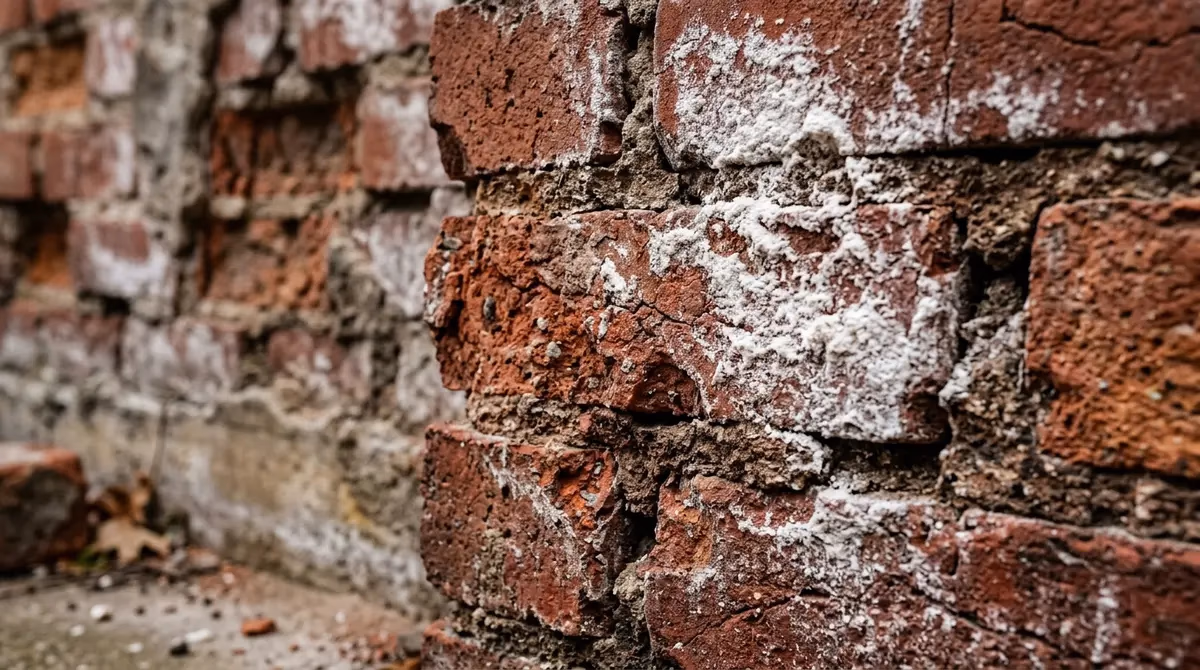 Close-up of red exterior brick suffering from spalling and white efflorescence moisture damage