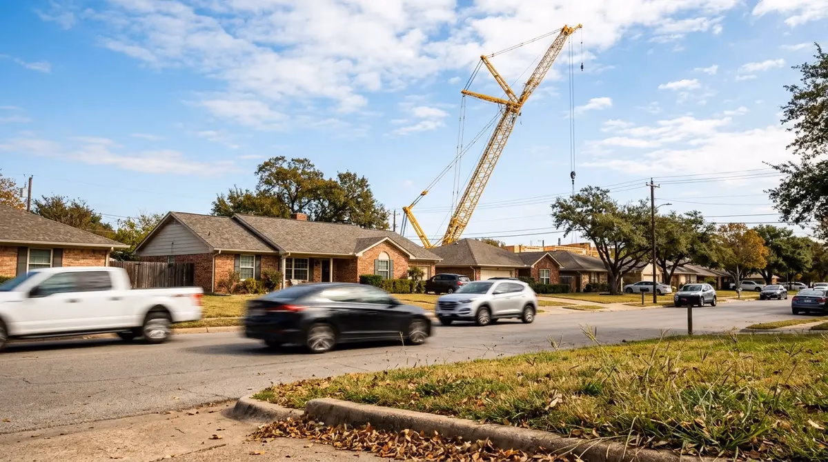 Blurred traffic and a construction crane looming over a residential neighborhood showing Austin noise pollution