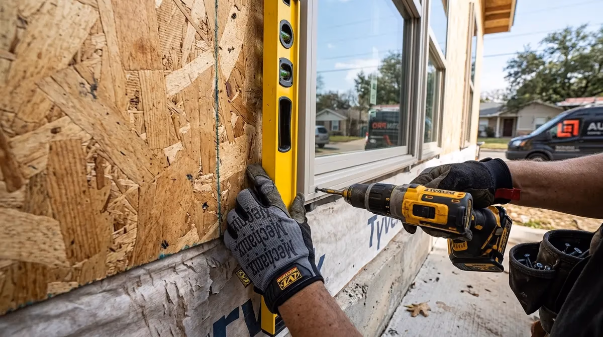 Close-up of a contractor's hands using a level and drill to install a new energy-efficient window frame.