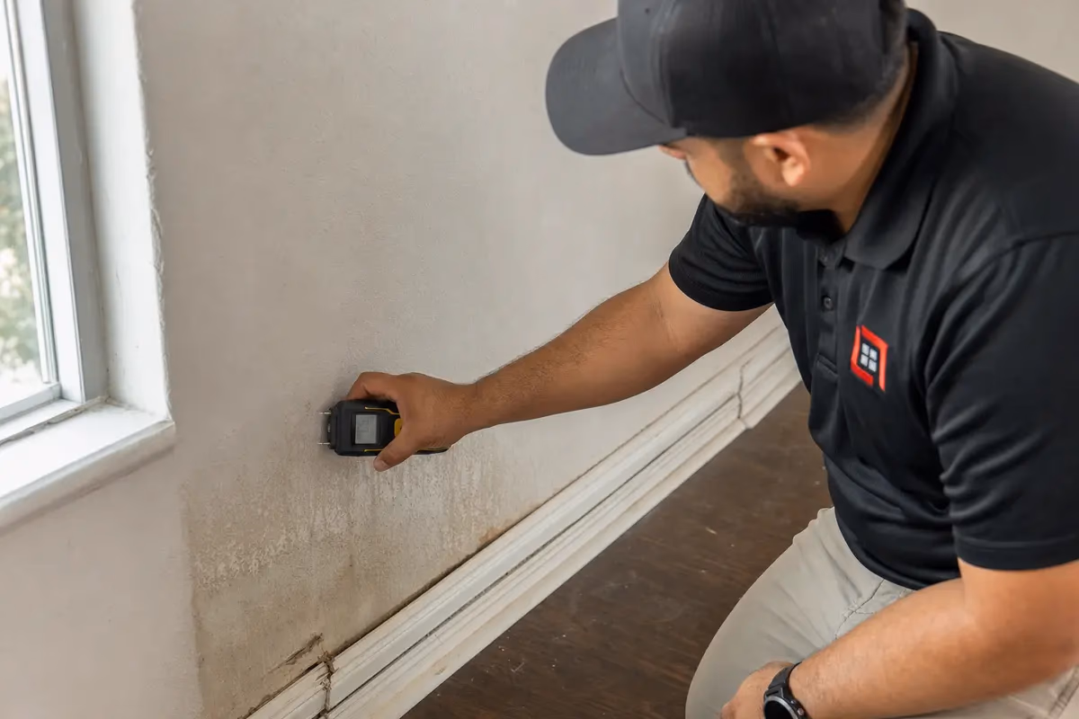 Contractor using a moisture meter to inspect a damp interior wall and baseboard for water damage