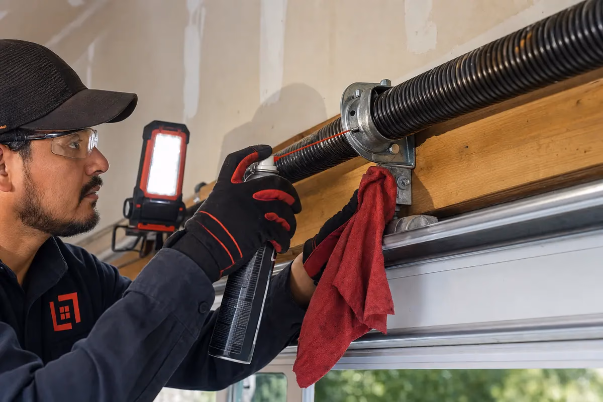 Technician lubricating a garage door torsion spring and hardware during maintenance