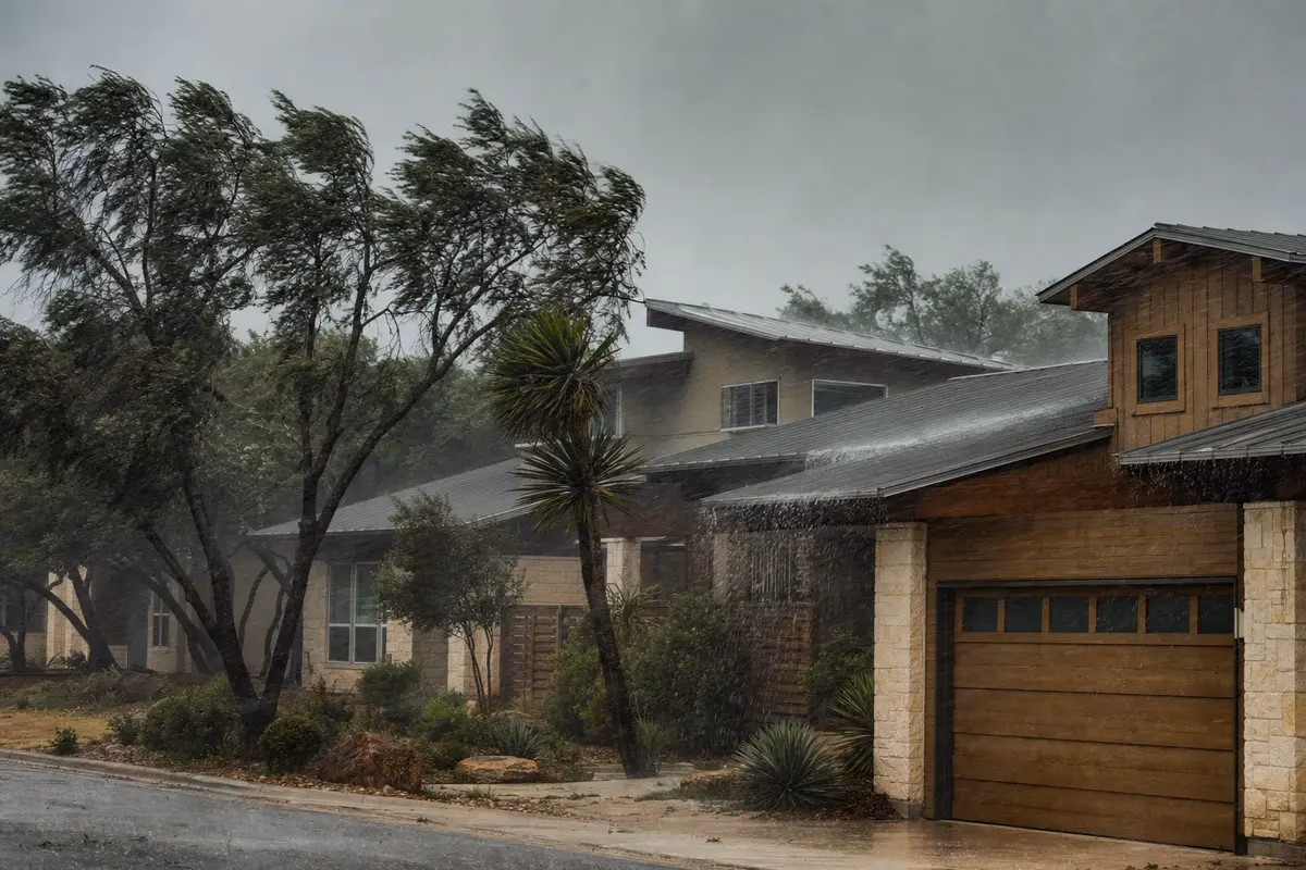 Austin neighborhood roofs during a severe thunderstorm with wind-driven rain blowing sideways