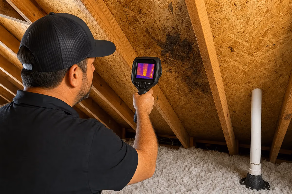 Contractor using a thermal imaging camera in an attic to detect hidden roof leak moisture