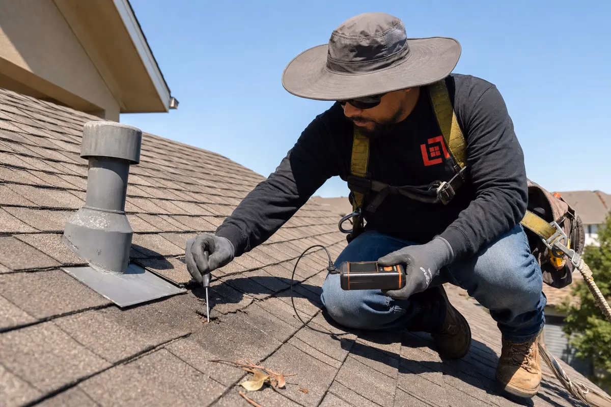 Roofer inspecting a residential roof for soft decking and moisture damage in Austin, Texas summer