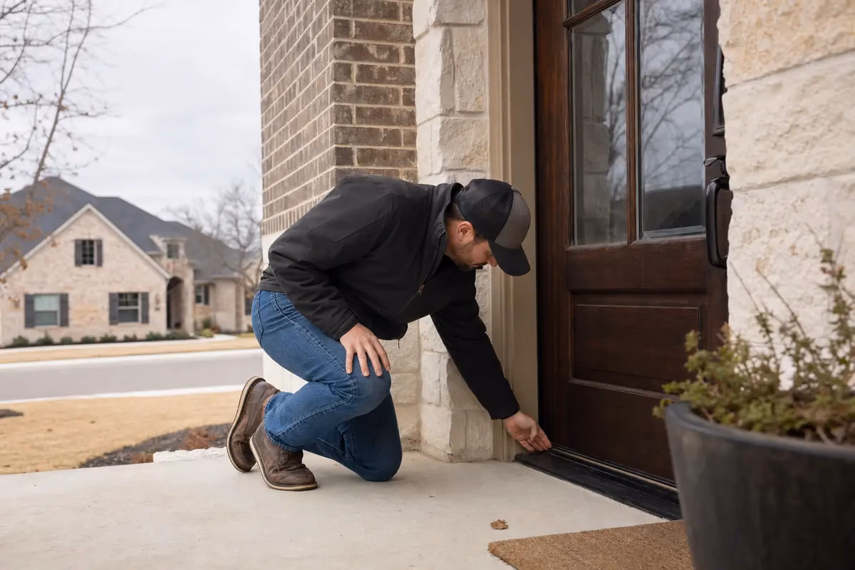 Homeowner inspecting a draft at the door sweep and threshold during a winter energy check