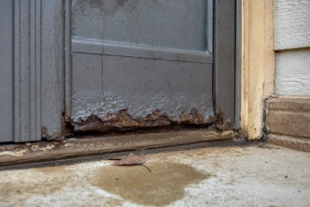 Corroded bottom edge of a steel exterior door showing rust and water damage at the threshold