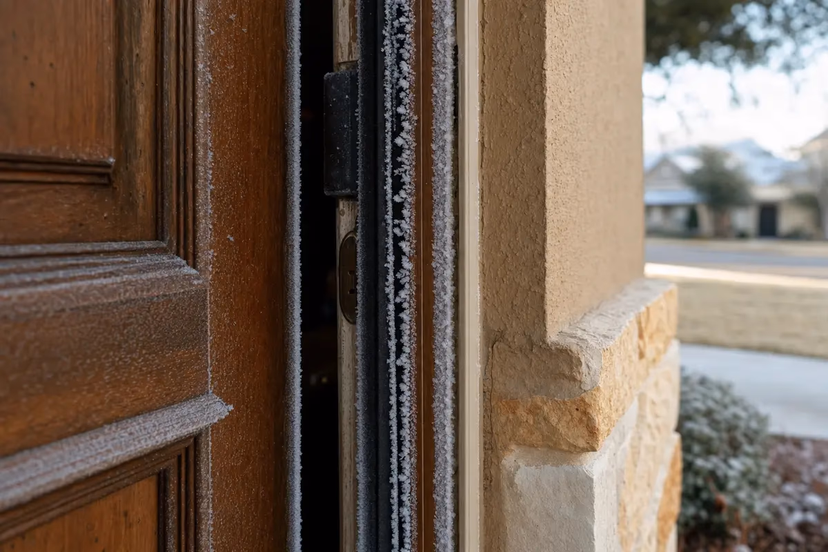 Close-up of frosted weatherstripping on a front door with a visible gap during an Austin hard freeze