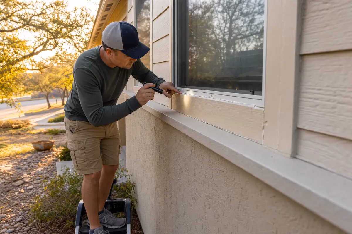 Homeowner inspecting cracked exterior window caulk along the trim on a Central Texas home.