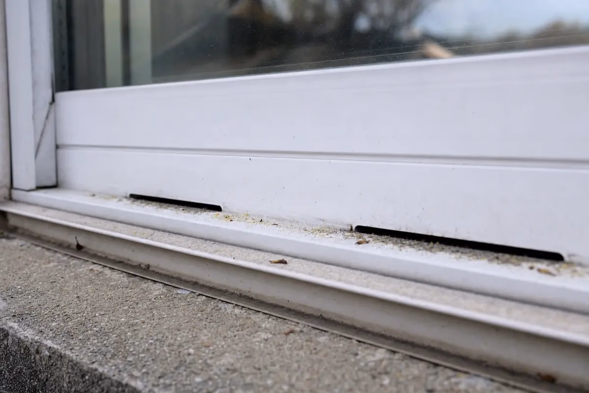Close-up of vinyl window frame weep holes and drainage slots with debris buildup.