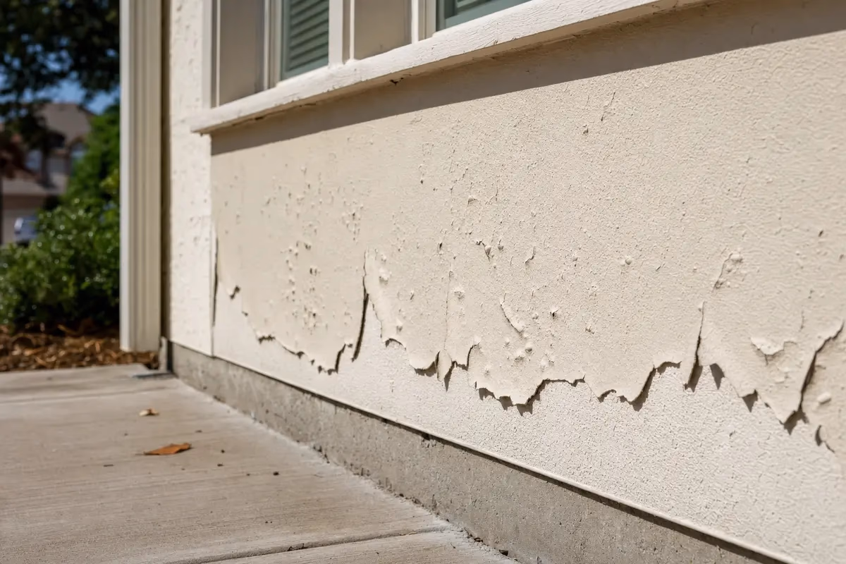 Peeling and blistering exterior paint on a sun-exposed Texas home wall